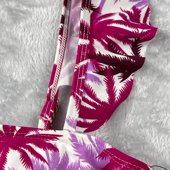 Jones New York Swimsuit Medium Fuchsia Palm Tree Ruffle Sleeve Bandeau Neck - Picture 2 of 13